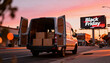 © gino - White delivery van filled with packages on a city street with Black Friday billboard glowing at sunset, symbolizing shipping, retail supply chain and consumer demand during global shopping rush.