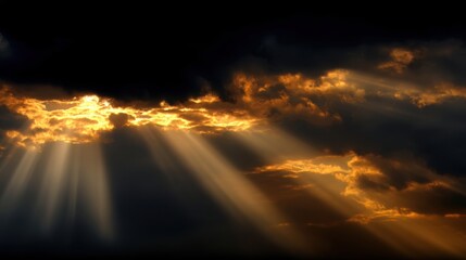 Wall Mural - Majestic Rays of Sunlight Breaking Through Dark Clouds in a Dramatic Sky at Dusk with Golden Hues Illuminating the Atmosphere Above