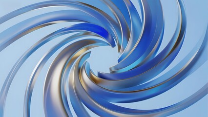 Abstract swirling pattern with blue and silver metallic ribbons forming a vortex