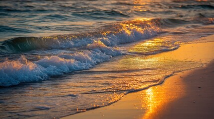 Wall Mural - Serene Sunset Over Ocean Waves Gently Lapping Against Sandy Shoreline with Warm Golden Glow Reflected on Water Surface