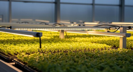 Wall Mural - Closeup medium shot of fullspectrum solar LED lights illuminating rows of young plants in a sustainable greenhouse setup.