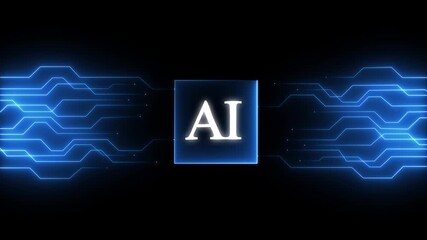 Wall Mural - Glowing AI Chip with Circuit Board Connections artificial intelligence.Futuristic ai chip with blue energy on a dark circuit board background artificial. AI technology with.