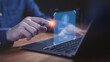© ParinPIX - Cybersecurity login with fingerprint authentication on laptop, illustrating secure digital identity, data protection, password access, and advanced technology for safe online transactions and privacy.