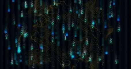 Wall Mural - Striped backdrop sparking gold net swirling while teal digits cascading to illustrate data flow