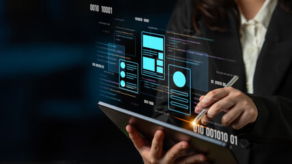 UI UX mockup showing application layout, structure, and code interface. UI design defines user flow, UI design improves clarity, UI design enhances experience, and UX design supports logic. Latch