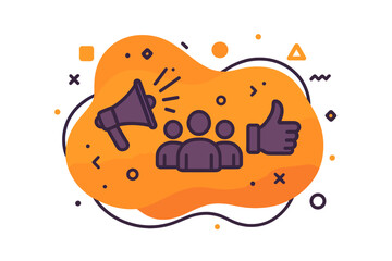 Refer a friend program concept. Vector banner for marketing and promotion. Megaphone announcement for customer acquisition and loyalty. Teamwork, recommendation, and social share.