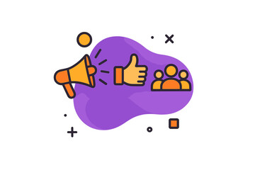 Refer a friend concept with icons. Referral program marketing banner. Megaphone for announcement, thumbs up for recommendation, people for social network. Affiliate marketing design.