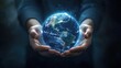 © peerawat - A person holding a glowing, holographic Earth in their hands, symbolizing global connection, environmental care, or digital world.
