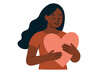 © Doan - Beautiful black woman holding a big heart. Love, self care, kindness, and support concept. Isolated abstract flat vector illustration for mental health and charity.