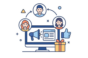 Referral program and affiliate marketing vector concept. Refer a friend strategy for customer acquisition and online business growth. Friends share information to earn prizes and gifts.