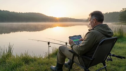 Wall Mural - Fisherman uses a tablet with AI fishing app displaying optimal catch times beside a serene lake during early morning light.