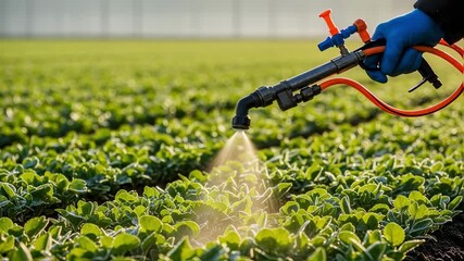 Wall Mural - Medium shot focused on a liquid fertilizer sprayer gently applying an even nutrient layer to young plants in early morning light.