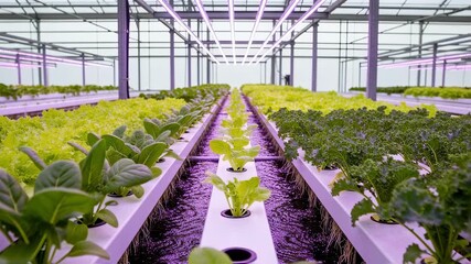 Wall Mural - Medium shot of a hydroponic system inside a greenhouse showcasing leafy greens thriving under nutrientrich water flow