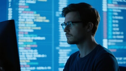 A man wearing glasses focuses on a computer screen displaying lines of code in a dimly lit environment.