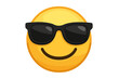 © Aaron - Cool emoji with sunglasses. Happy yellow face emoticon with black shades for summer vacation vibes. Vector illustration of a smiling character icon. Simple cartoon design element.