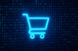 © delcioalexandre - Neon shopping cart symbol on blue binary code background