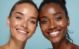 Multi Ethnic ,  two Womans with diffrent types of clean skin . Diverse ethnicity women  ,European and African smiling . Girl facial  treatment . Cosmetology , beauty  and spa . High quality