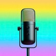 © brewok - A black microphone stands against a vibrant rainbow gradient backdrop.  The microphone has a gold mesh grille and dark, glossy finish