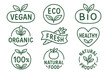 © Wynn - Set of healthy food labels. Vegan, eco, bio and organic product badges. Collection of natural food logos. Fresh and 100% healthy emblems for packaging, sticker, tags. Vector icon.