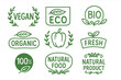 © Wynn - Vegan, bio, eco friendly icon set. Organic, fresh, 100% natural food labels. Healthy product packaging badges, vegetarian restaurant logo. Green vector emblem collection.