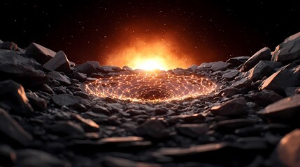 Wall Mural - The image shows a crater-like landscape with dark rocks and a glowing orange sphere made of interconnected lines, all set against a backdrop of a star-filled fiery nebula.