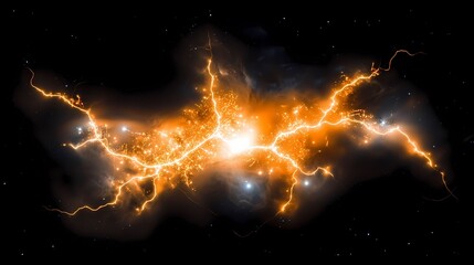 Wall Mural - The image showcases vibrant, orange lightning bolts radiating from a central point, against a deep black backdrop speckled with distant stars, creating an electrifying display.