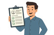 © Lenam - Man holding clipboard with checklist. Passed inspection, approved application or license. Concept of survey, task management, paperwork, positive feedback, and done deal. Vector.