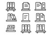 © Marcus - Archive and document management line icon set. Office supplies symbols like binders, folders, files on shelves. Vector icons for data storage, paperwork, administration. Editable stroke.