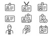 © Marcus - ID card and employee badge icon set. Vector line art for concepts of identification, staff pass, security access, personal data, user profile and verification. Lanyard included.