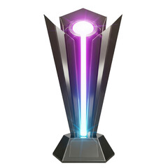 Wall Mural - Futuristic glowing trophy with purple and blue light isolated on transparent background