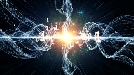 Digital data stream with binary code and wave patterns, representing advanced technology