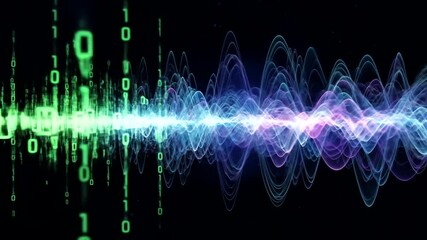 Abstract visualization of data stream with binary code and sound waves background
