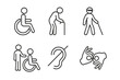 © Sophia - Disability and accessibility thin line icons. Vector icon set includes wheelchair user, blind person, deafness, elderly person and sign language symbols for web and mobile UI.