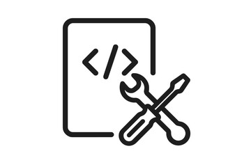 Software Development Tools Icon with Coding Symbols and Wrench Screwdriver, Vector Illustration of Code Editing and Programming Maintenance with Transparent Background