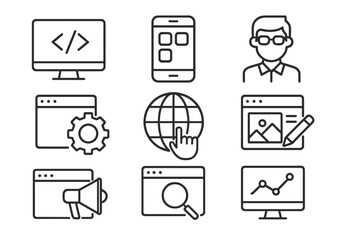 Set of web development line icons. Vector graphic collection for programming, coding, developer, mobile app, SEO, digital marketing, web design, analytics, management concept.