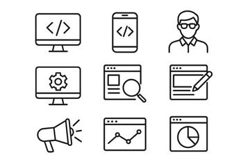 Web development and digital marketing icon collection. Thin line style icons for programming, mobile app developer, SEO, coding, website management, analytics, and UI UX design.