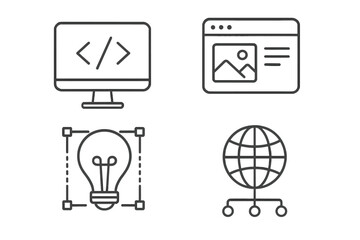 Web design and development line icon set. Vector symbols for creative process, coding, UI design, and network technology. Thin outline illustrations for website creation.