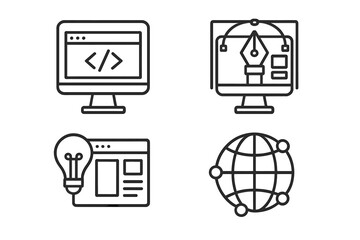 Web design and development line icon set. Concepts for creative process, coding, UI UX design, and network technology. Vector illustration of computer, pen tool, idea, and globe.