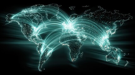 Wall Mural - Glowing World Map with Interconnected Data Points and Flow Lines