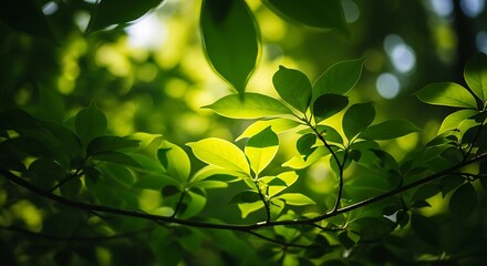 Sunlight filtering through lush green leaves in a forest