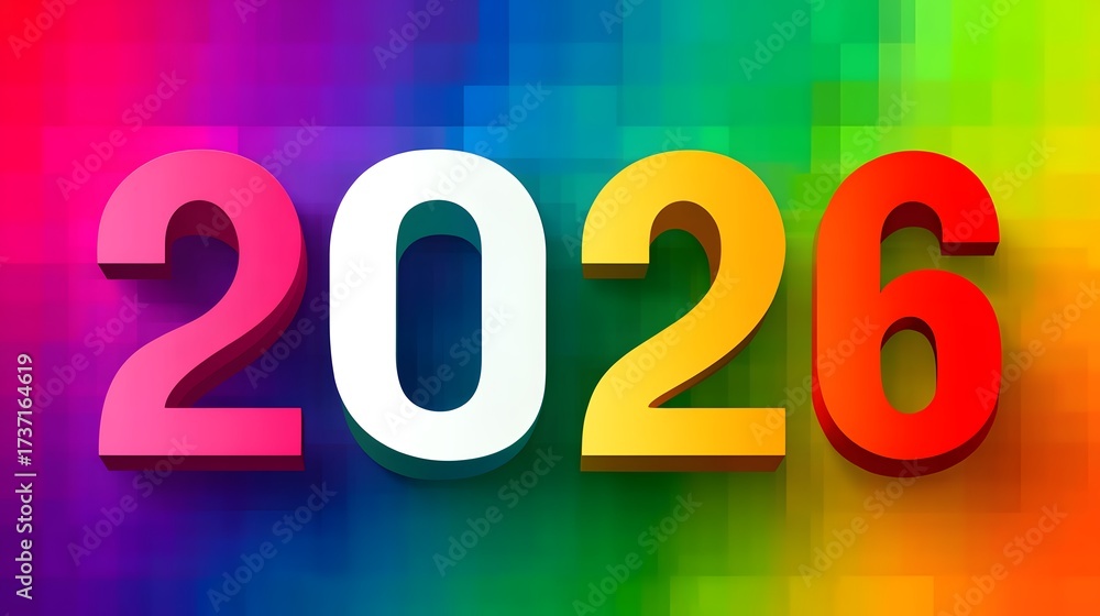 Colorful 2026 stands out against a vibrant rainbow color background ...