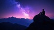 © yuan - Silhouetted figure sits atop mountain peak, gazing at vibrant night sky with milky way