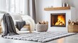 © yuan - Cozy living room with fireplace and knit throw blankets