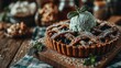 © Ahmad-Muslimin - Apple pie with ice cream on a wooden board with blurred background.