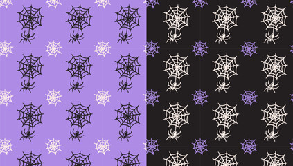 spider web and spider doodle motif pattern on purple black background set for halloween party merchandise. creepy crawler, arachnid, cobweb isolated seamless pattern background. vector illustration