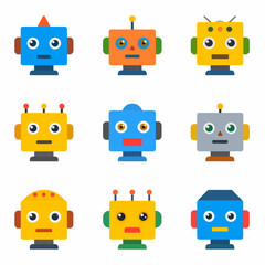 Vector illustration set of unique and colorful AI Robot Head Logo characters. Cute flat design icons for modern technology projects