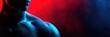 © Anat art - A fit man stands confidently, showcasing his well-defined muscles against a backdrop of vibrant red and blue smoke, capturing a bold moment of strength.