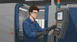 © anjas - Illustrated male factory worker in blue overalls and safety goggles operating a CNC machine control panel.
