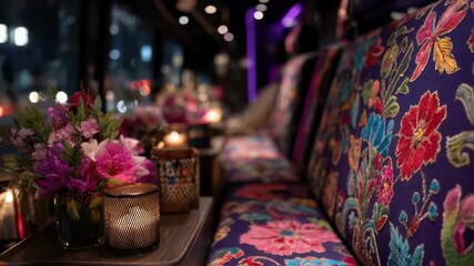 Wall Mural - Elegant and cozy restaurant interior featuring a vibrant floral patterned sofa, soft candlelight, and beautiful flower arrangements, creating a romantic atmosphere perfect for a date night
