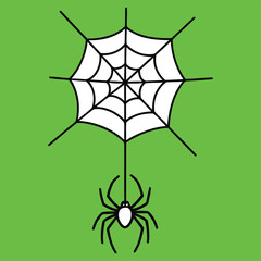 Spooky black spider on a cobweb or net for a Halloween vector illustration on green background